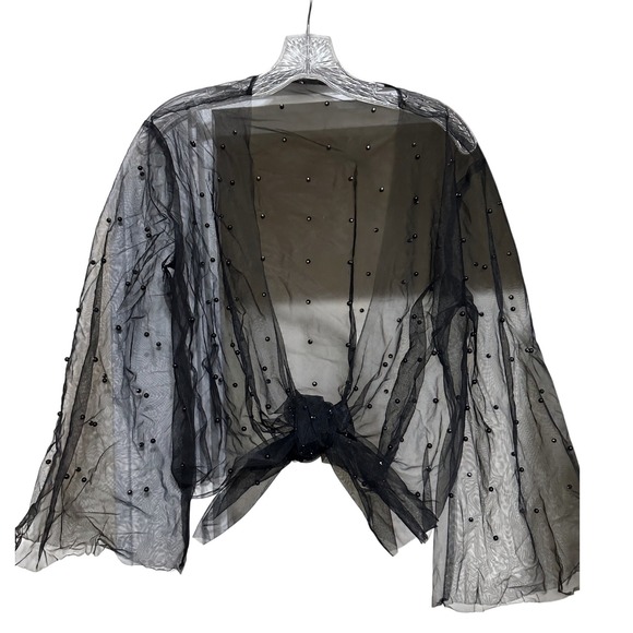 Sheer Black Mesh Beaded Kimono Cardigan Long Sleeve Tie Front OS Fairy Grunge - Picture 4 of 5